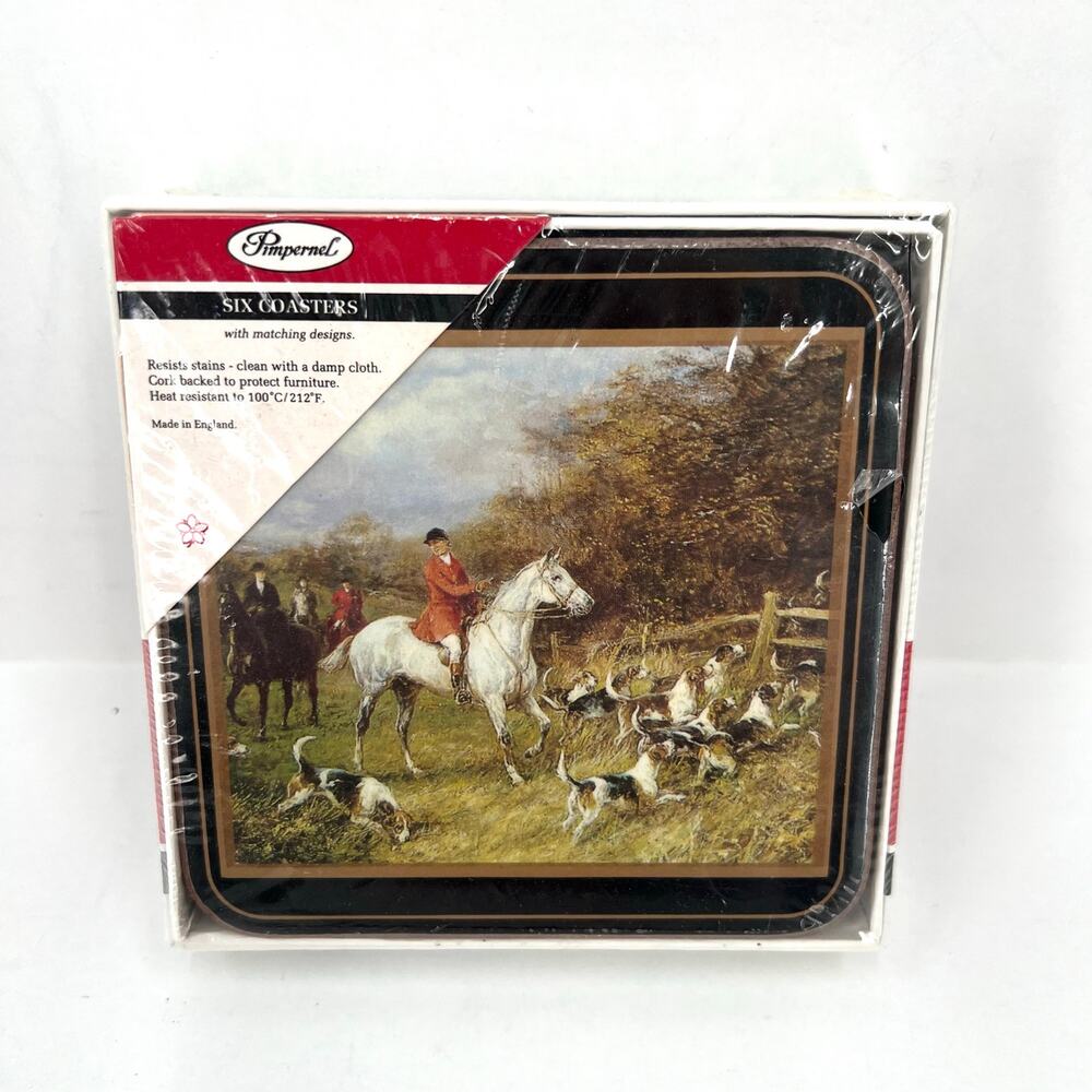 set of six Pimpernel Tally Ho 4.25” coasters featuring a fox hunting scene.